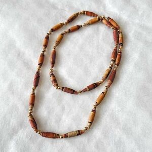 Vintage copper, brown, and gold hand-rolled recycled paper beaded necklace